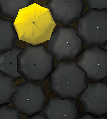 Yellow Umbrella Surrounded by All Black Umbrellas